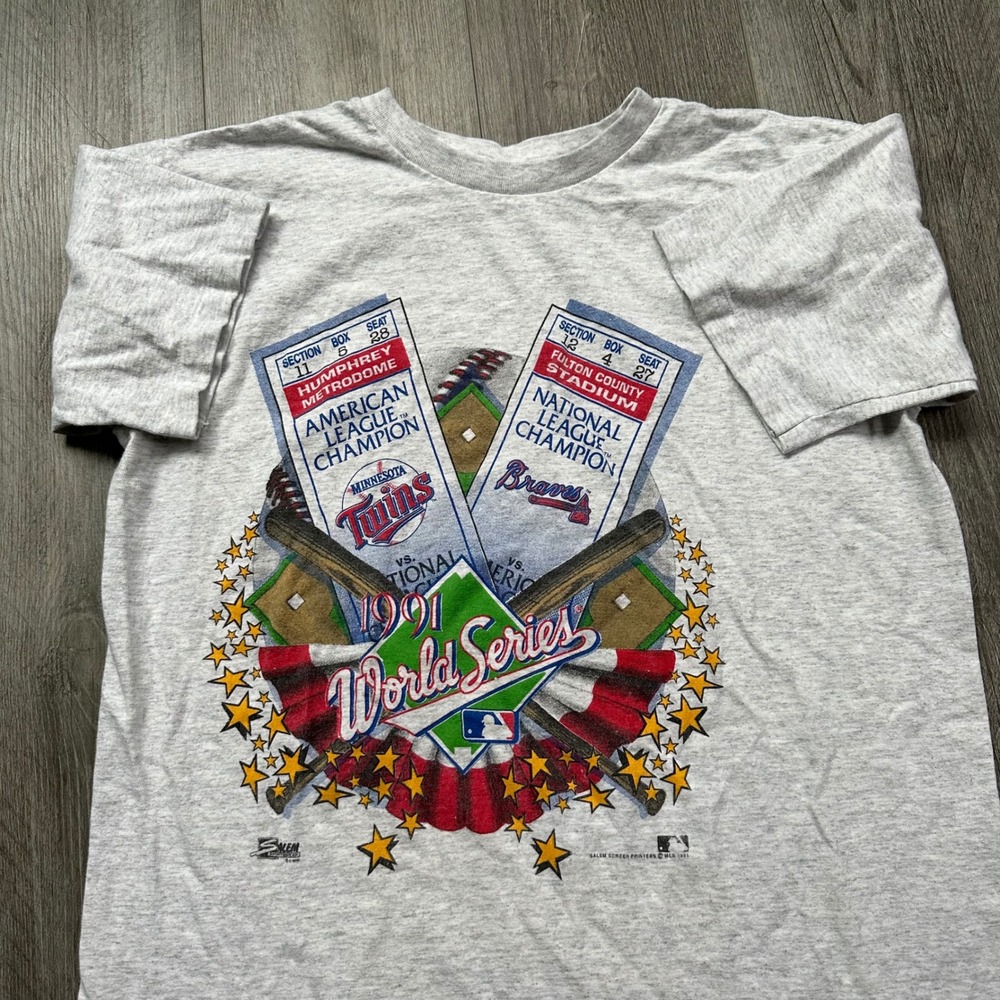 VTG 1991 World Series Twins Braves Gray Salem Sportswear T-Shirt Mens Large